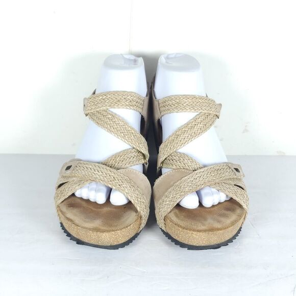 Taos Women’s Julia US9-9,5 Beige Leather Woven Cork Wedge Strappy Sandals - Picture 3 of 16